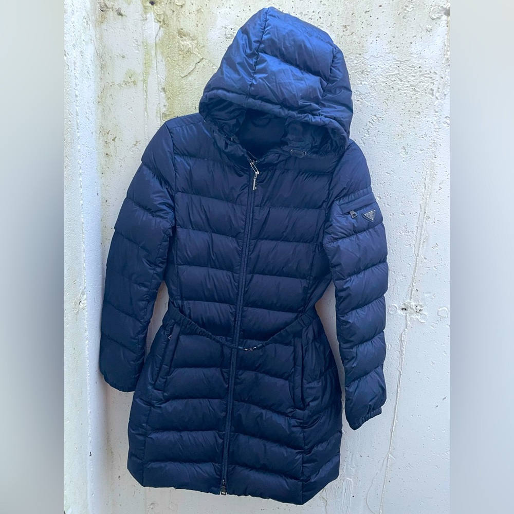 Prada Midnight Blue Quilted Jacket down feathers belted size 40 Italy S/M USA